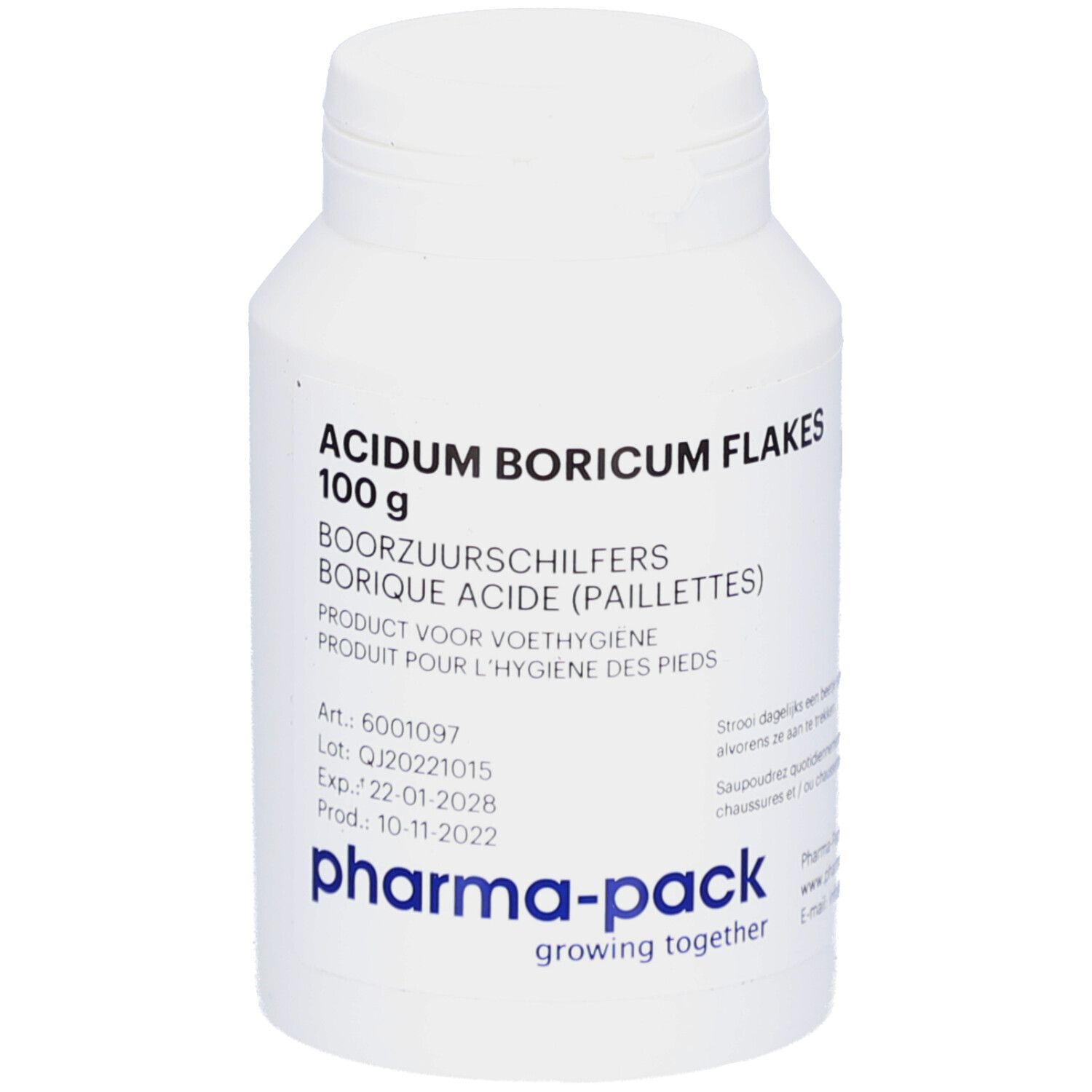 Witte pot met opschrift 'Acidum Boricum Flakes' en '100 g'. Logo 'pharma-pack' en productinformatie.