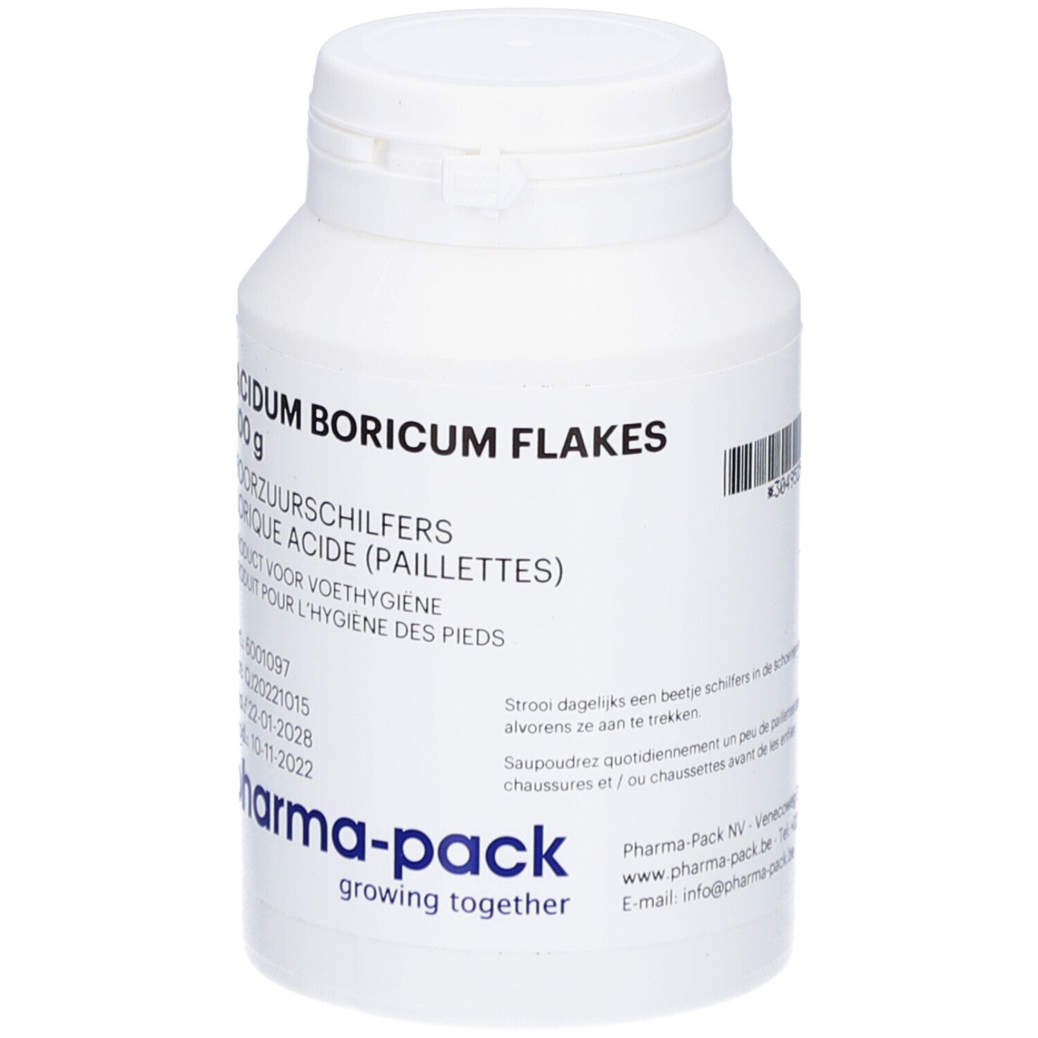 Witte pot met opschrift 'Acidum Boricum Flakes' en '100 g'. Logo 'pharma-pack' en tekst.
