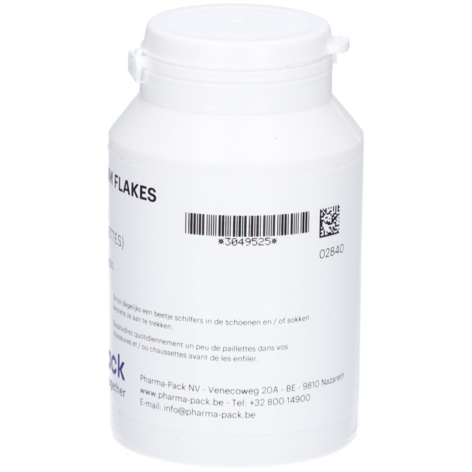 Witte pot, achterkant. Barcode, QR-code en tekst. Fabrikantinformatie en logo 'pharma-pack'.