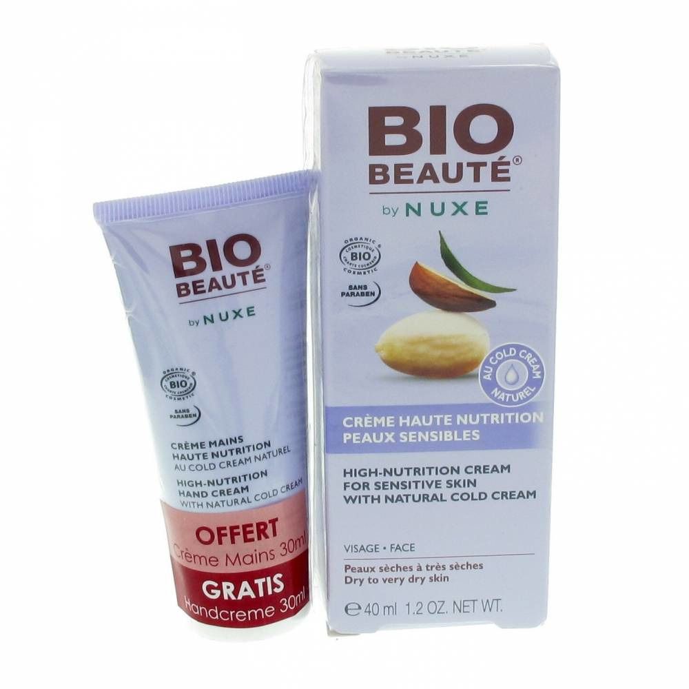 Handcrèmetube en doos. Opschrift: BIO BEAUTÉ by NUXE. Teksten in het Frans en Engels. Bio-label.