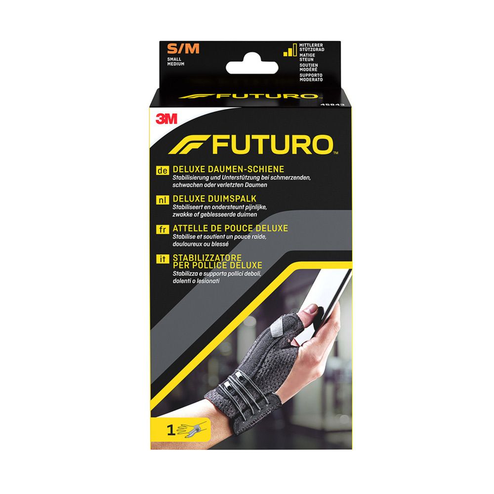 3M Futuro™ Deluxe duimspalk S/M zwart. Verpakking met product en hand met smartphone.
