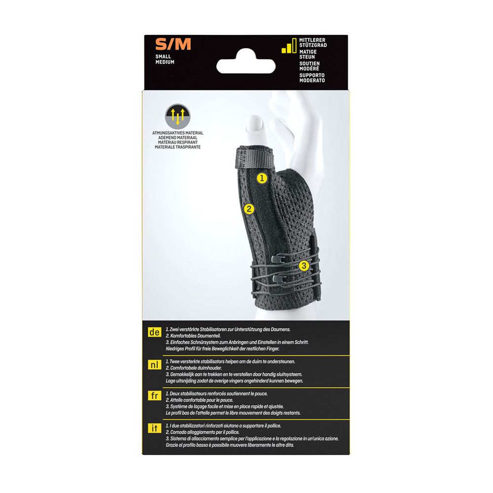 3M Futuro™ Deluxe duimspalk S/M zwart. Verpakking met productafbeelding en tekst in het Duits, Frans, Italiaans en Nederlands.