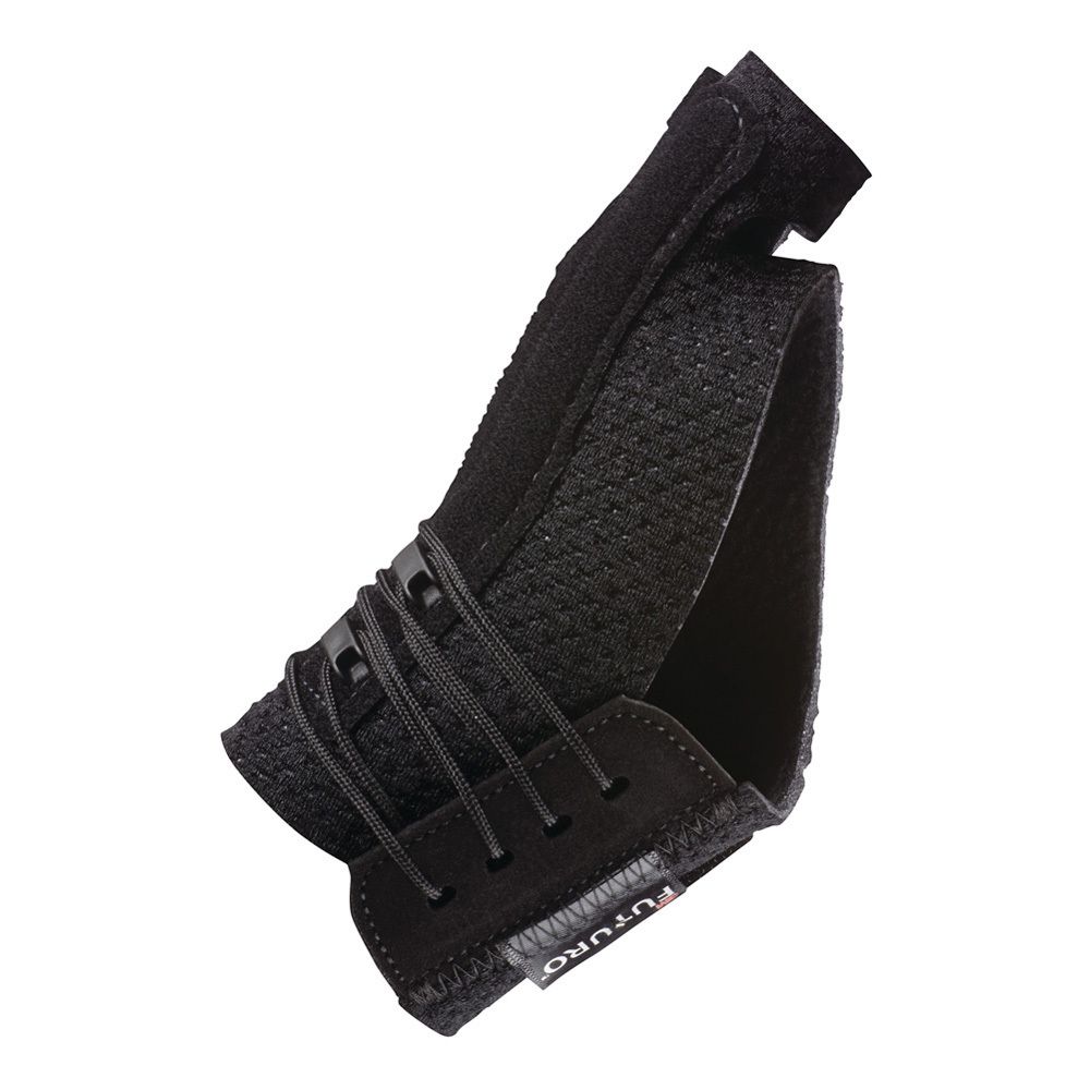 Achterkant 3M Futuro™ duimspalk S/M zwart verpakking. Productillustratie met genummerde kenmerken.