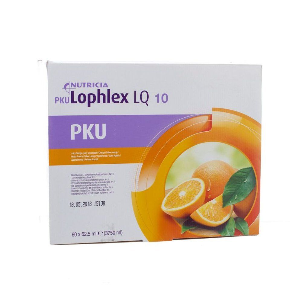 Verpakking van PKU Lophlex LQ 10. Opschrift: NUTRICIA, PKU, Lophlex LQ 10, PKU. Illustratie van sinaasappels. Inhoud: 60 x 62,5 ml.