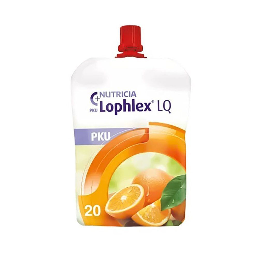 Zakje met rode dop. Opschrift: Nutricia Lophlex LQ, PKU, sinaasappel. Afbeelding van sinaasappels.