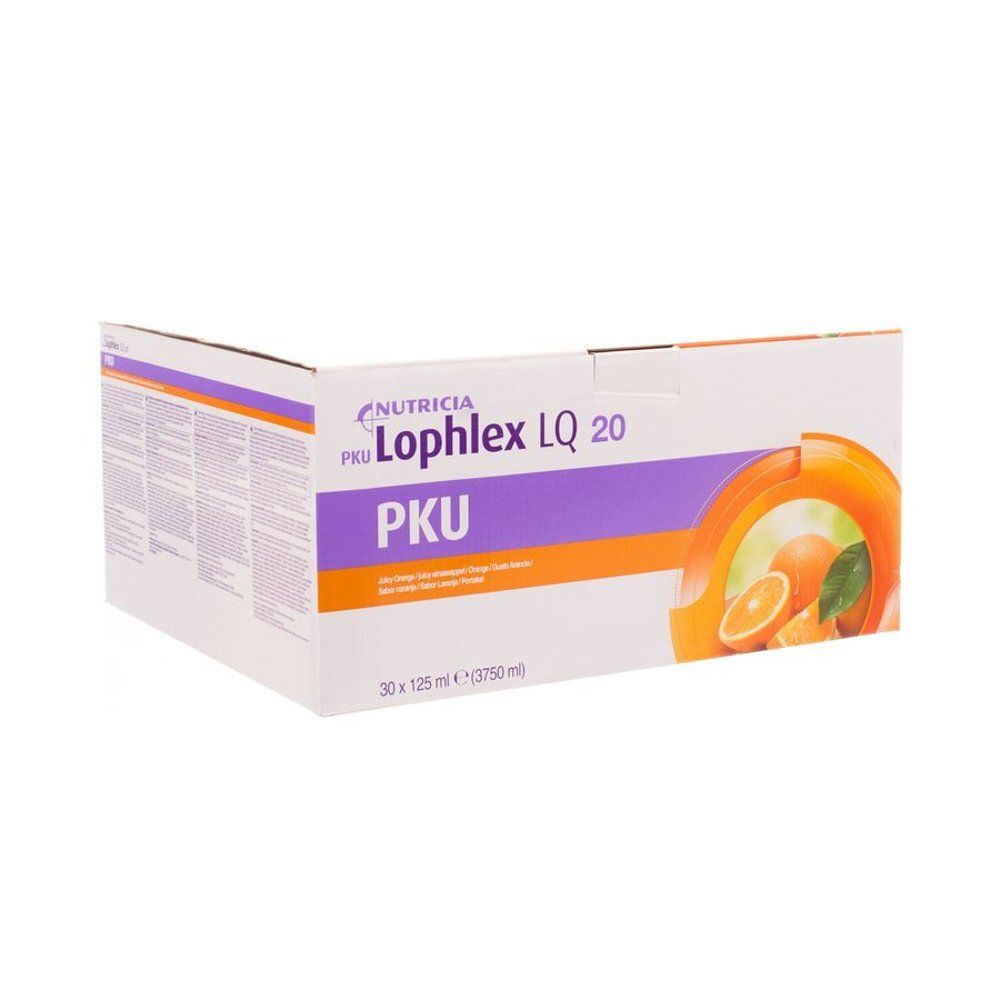 Doos met opschrift: Nutricia Lophlex LQ, PKU, sinaasappel. Afbeelding van sinaasappels. Tekst: 30 x 125 ml.