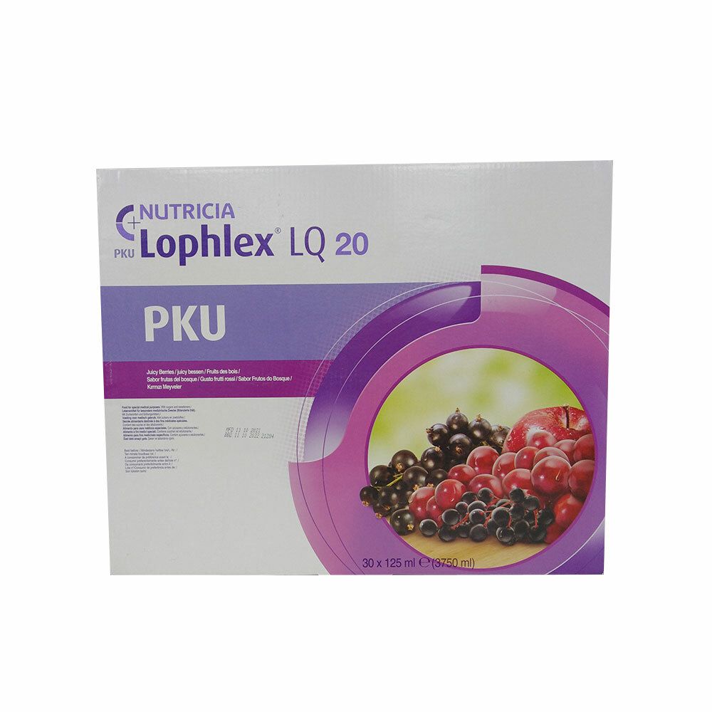 Emballage Nutricia Lophlex LQ 20 PKU. Illustration de baies. Contient 30 x 125 ml. Inscription : Juicy Berries.