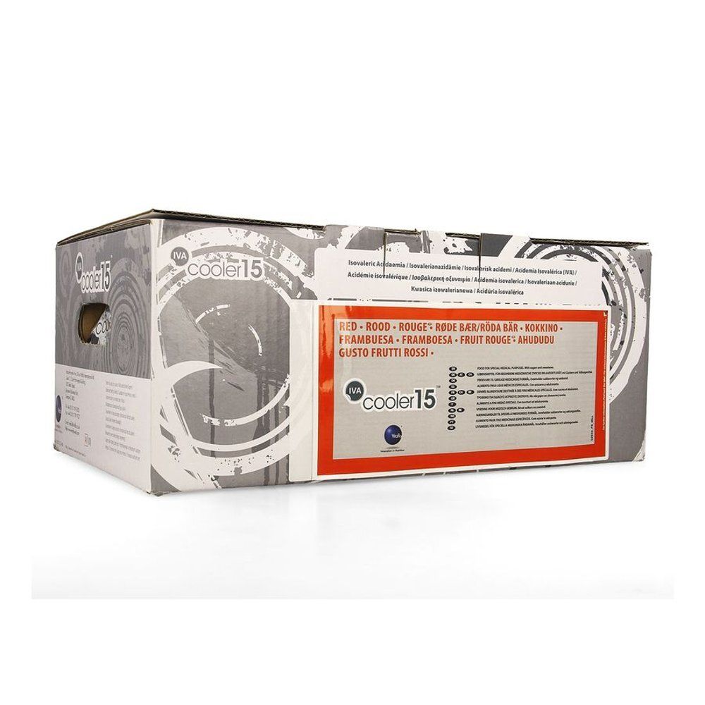 Boîte en carton avec impression. Inscription : IVA cooler 15. Texte en plusieurs langues, dont l'allemand, le français et l'italien. Éléments rouges et blancs.