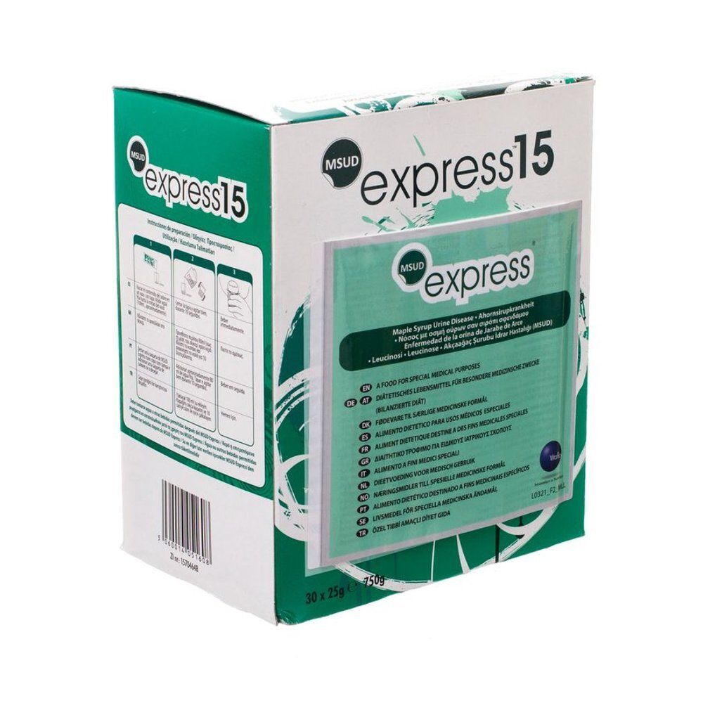 Doos MSUD express15, groen en wit. Meertalige tekst. Bevat 30 zakjes van 25g.