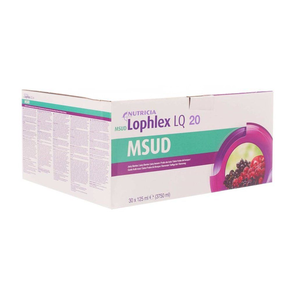 Kartonnen verpakking van Lophlex LQ 20 MSUD. Opschrift Nutricia, 30 x 125 ml. Illustratie van bessen. Groen, paars en wit.