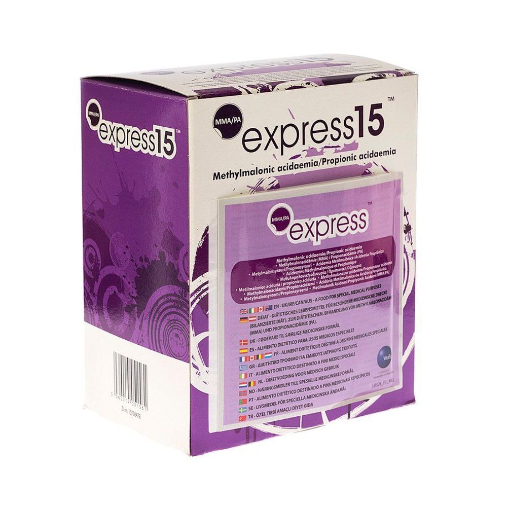 Kartonnen verpakking met productinformatie. Opschrift: express15. Bevat een transparante verpakking met meertalige teksten.