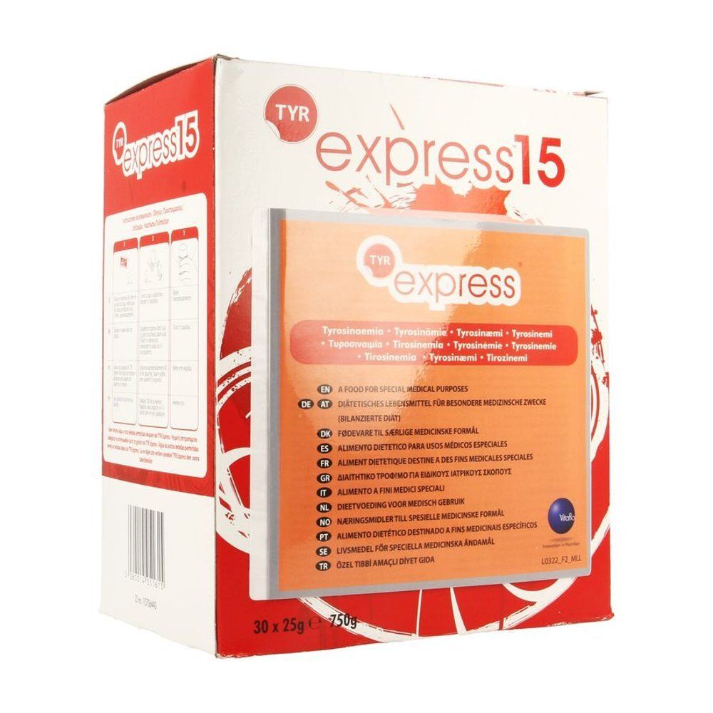 Doos met productopdrukken. Opschrift: TYR express 15. Bevat 30 zakjes van 25g. Opdrukken in meerdere talen.