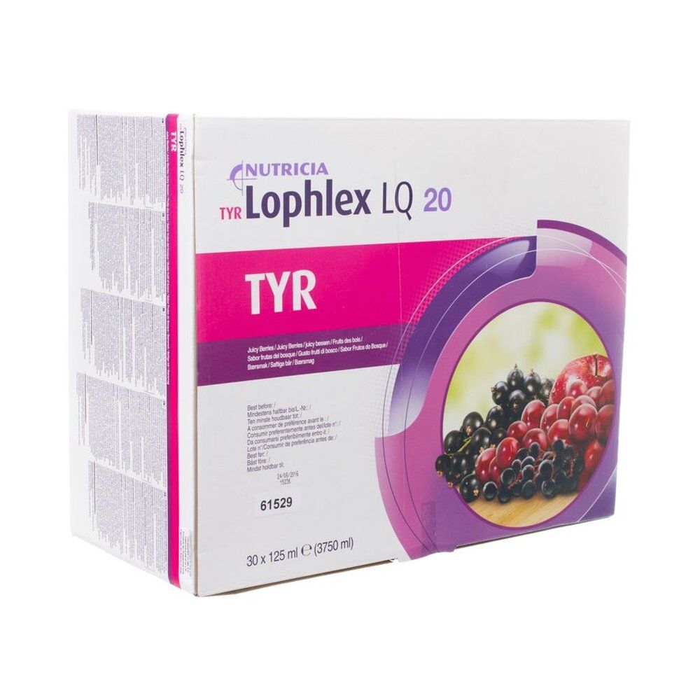 Emballage en carton Nutricia Lophlex LQ 20. Inscription TYR, 30 x 125 ml. Illustration de baies. Couleurs violet et blanc.