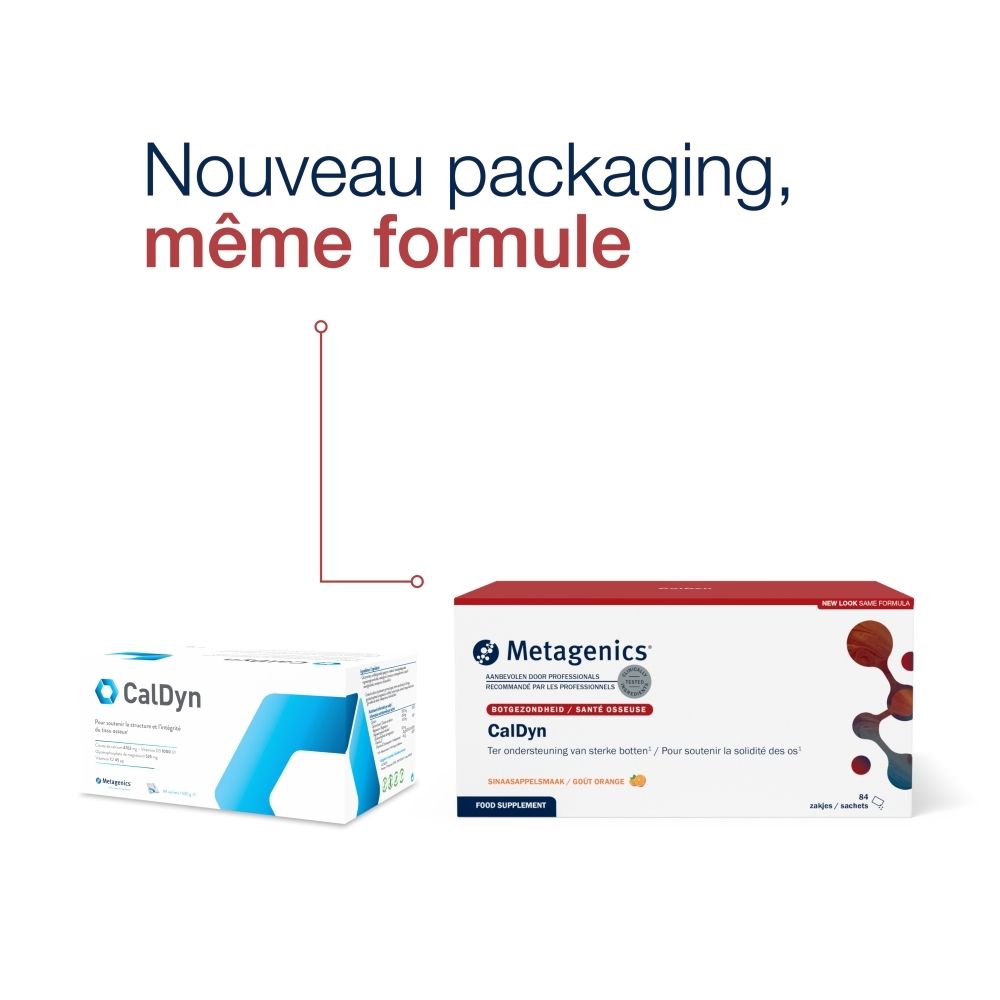 Deux emballages de produits. À gauche : boîte CalDyn. À droite : boîte rouge avec logo Metagenics et CalDyn.