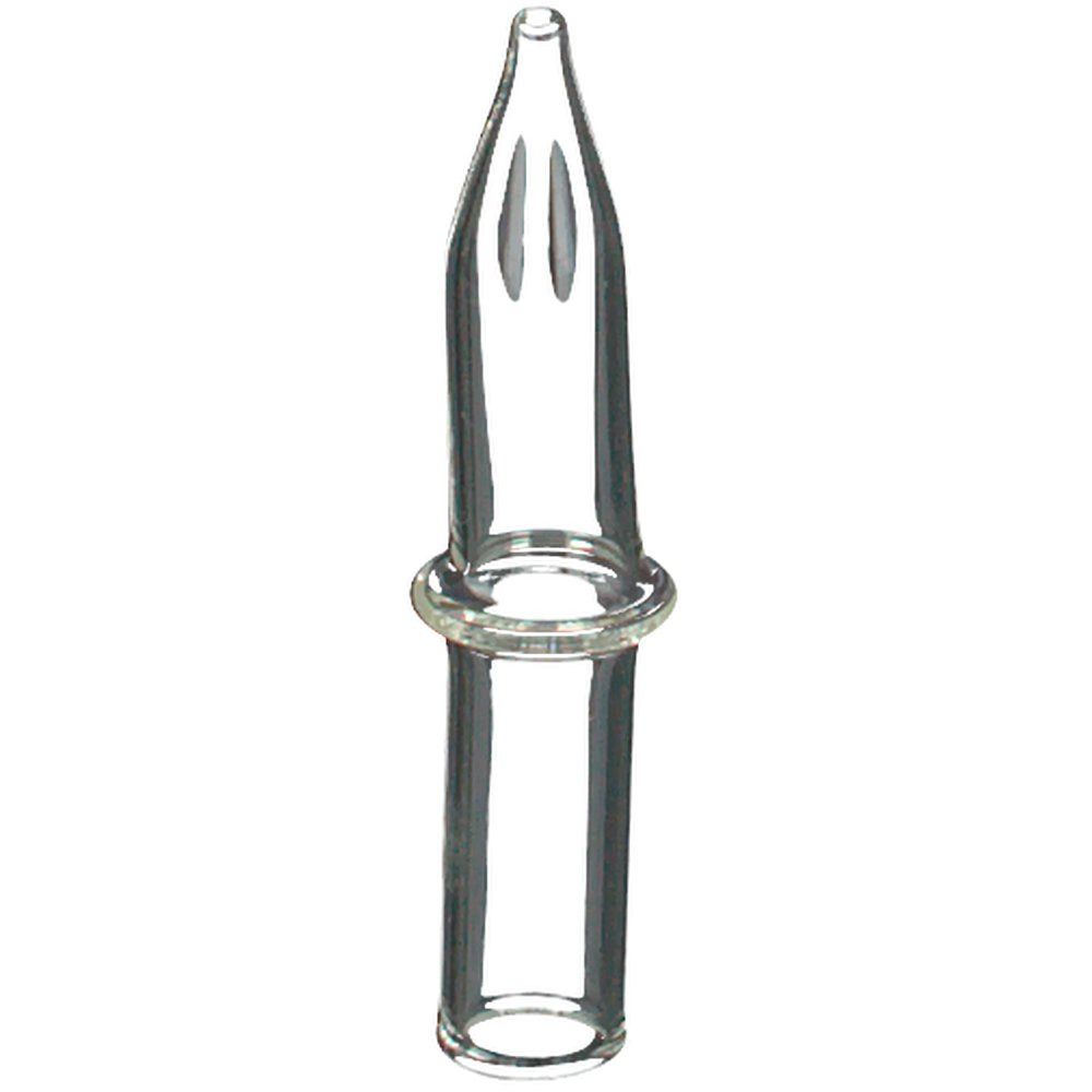 Transparante glazen applicator met puntig uiteinde en cilindrisch lichaam. Een ring verbindt het puntige deel met het lichaam.