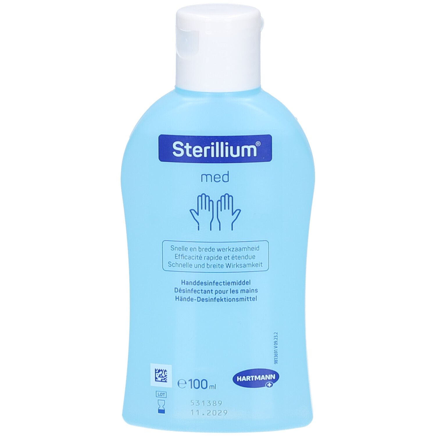 Lichtblauwe fles Sterillium med. Witte dop. Opschrift: Handdesinfectiemiddel. Handenlogo. 100ml.