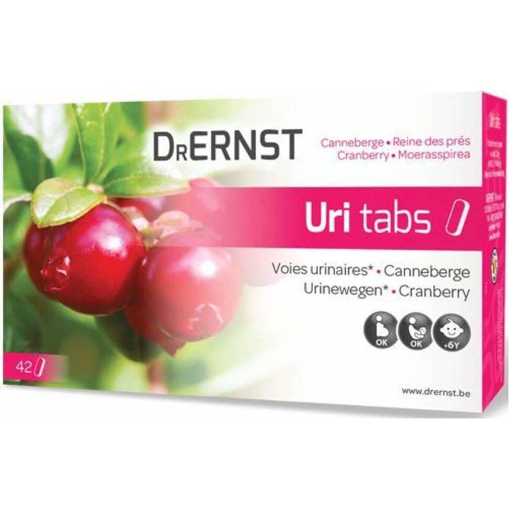 Boîte de Dr. Ernst Uritabs avec image de canneberges. Contient 42 comprimés. Inscriptions: Canneberge, Reine des prés, Voies urinaires, Cranberry.