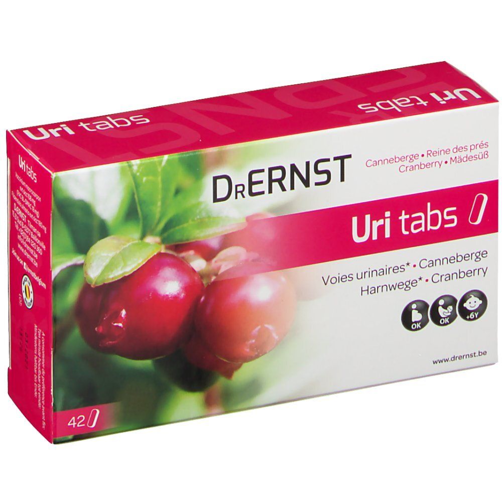 Boîte de Dr. Ernst Uritabs avec image de canneberges. Contient 42 comprimés. Inscriptions: Canneberge, Reine des prés, Voies urinaires, Cranberry. Âge.