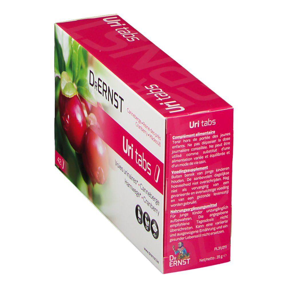 Boîte de Dr. Ernst Uritabs en biais. Inscriptions: Canneberge, Reine des prés, Voies urinaires, Cranberry. Contient 42 comprimés. Détails et ingrédients.