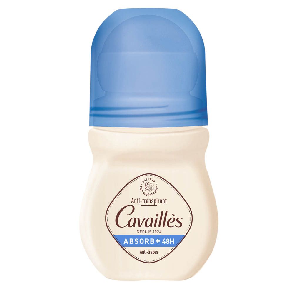 Witte roll-on met blauwe dop. Opschrift: Cavaillès, Absorb+ 48H. Anti-transpirant.