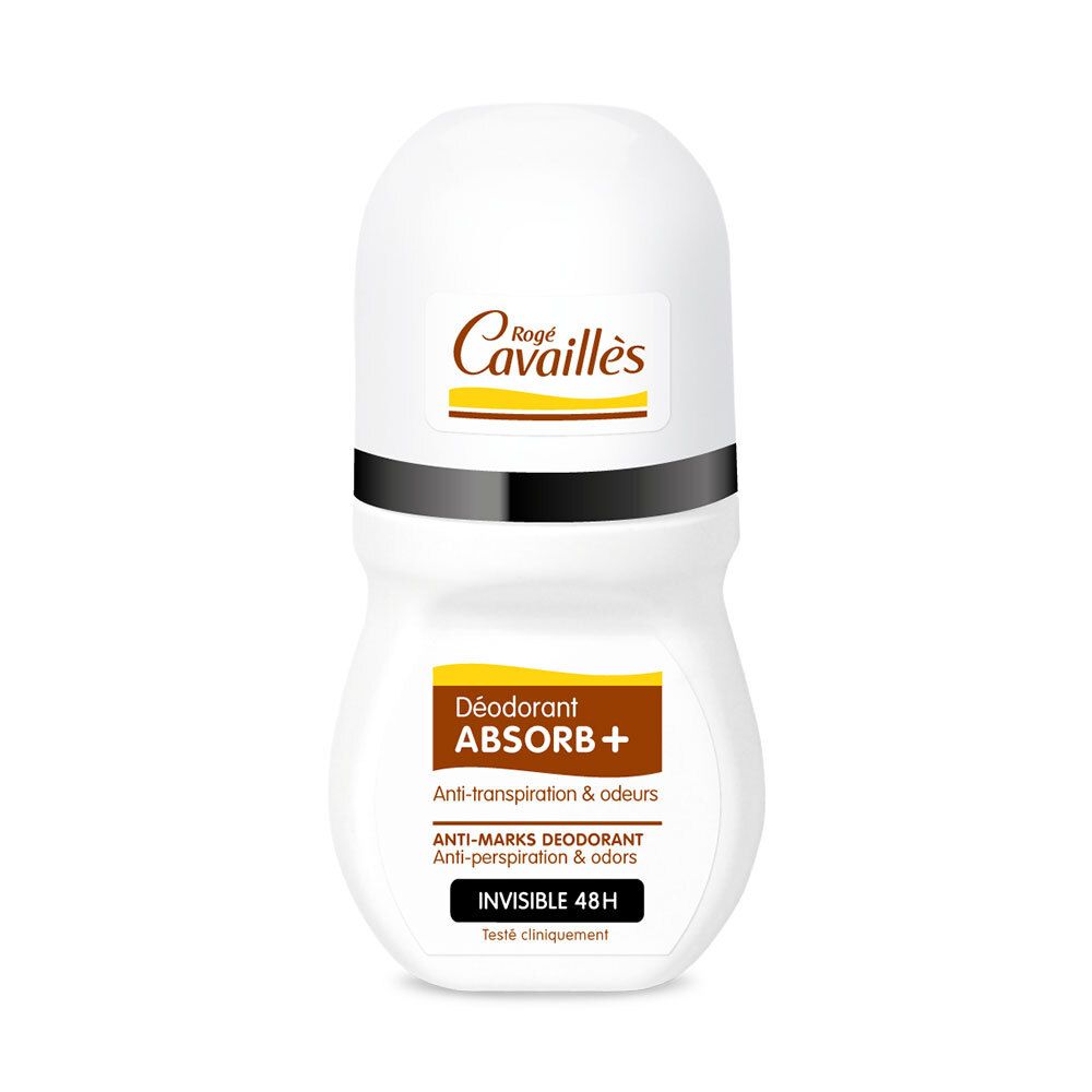 Witte roll-on deodorant met bruin logo. Tekst: Déo Absorb+, Anti-transpiratie & geuren, Invisible 48h. Zwarte ring.