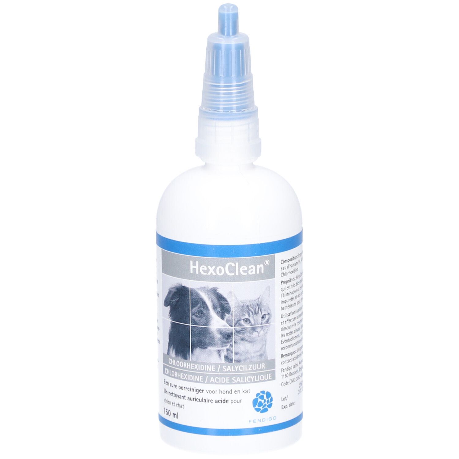 Flacon blanc avec bouchon bleu. Inscription HexoClean, image chien et chat. Texte : Chlorhexidine/Acide salicylique.