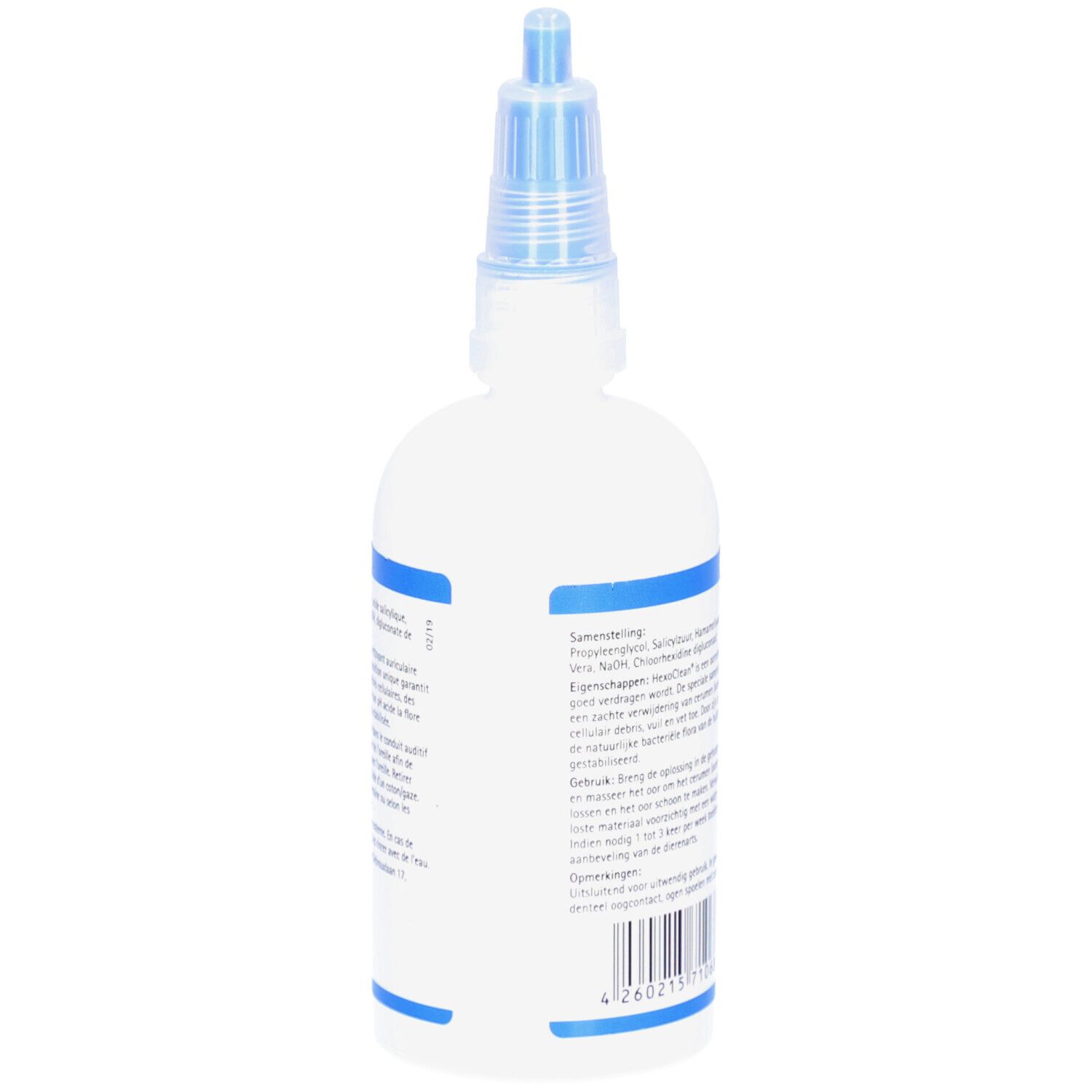 Dos du flacon blanc avec bouchon bleu. Texte et code-barres. Inscription : HexoClean.