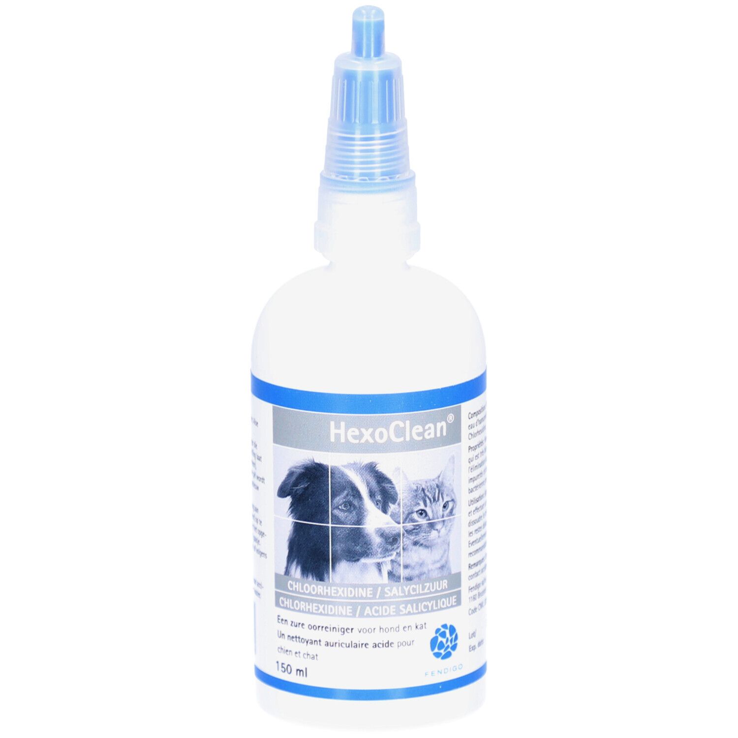Flacon blanc avec bouchon bleu. Inscription HexoClean, image chien et chat. Texte : Chlorhexidine/Acide salicylique.