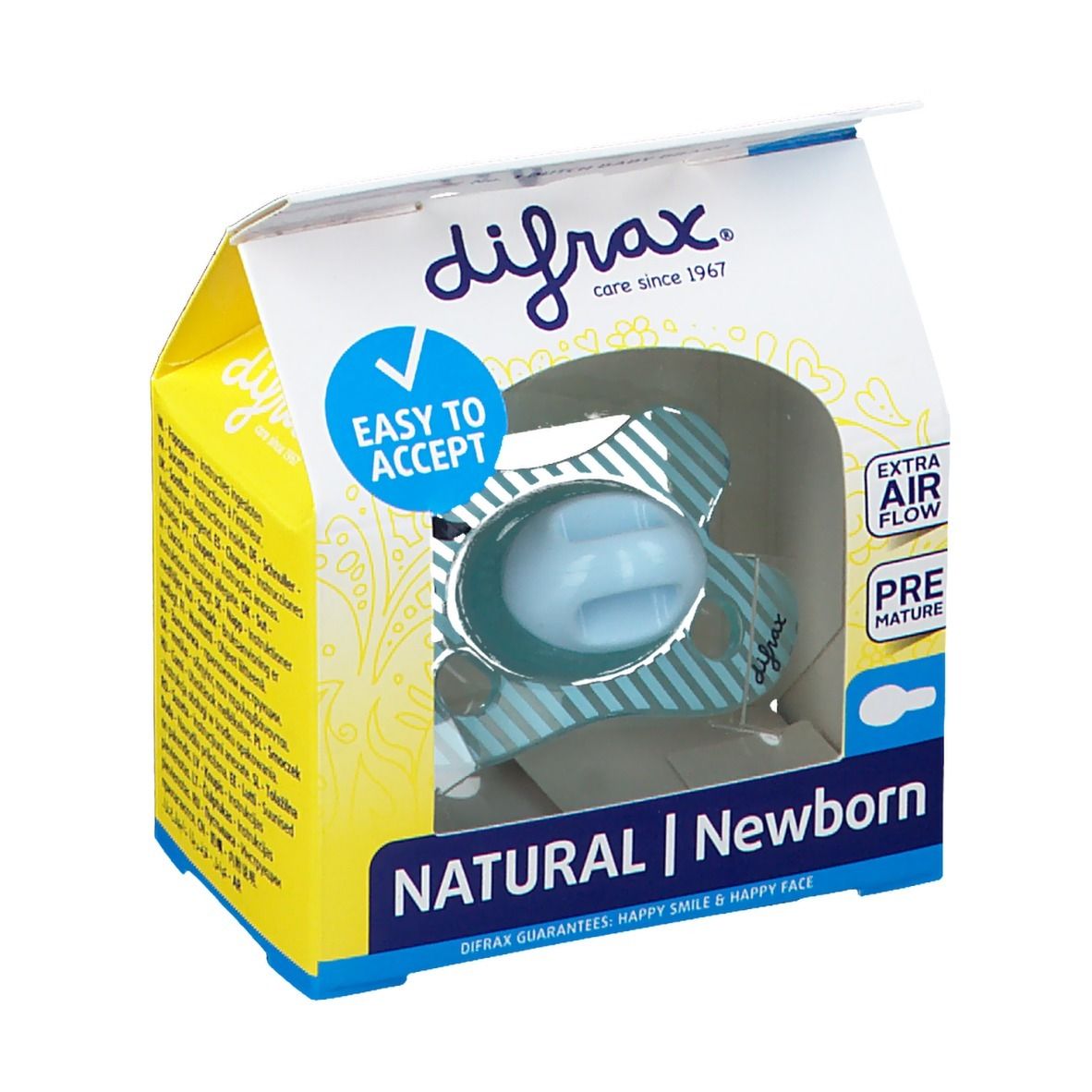 Emballage de sucette bleue. Transparent. Avec mentions 'Easy to Accept' et 'Extra Air Flow'.