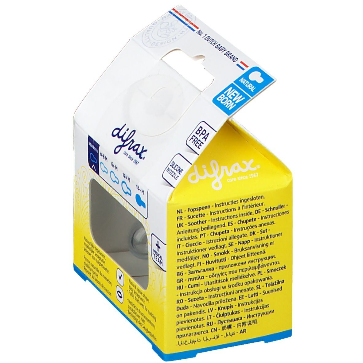 Emballage avec texte multilingue. Mention 'BPA Free' et 'Silicone Nozzle'.