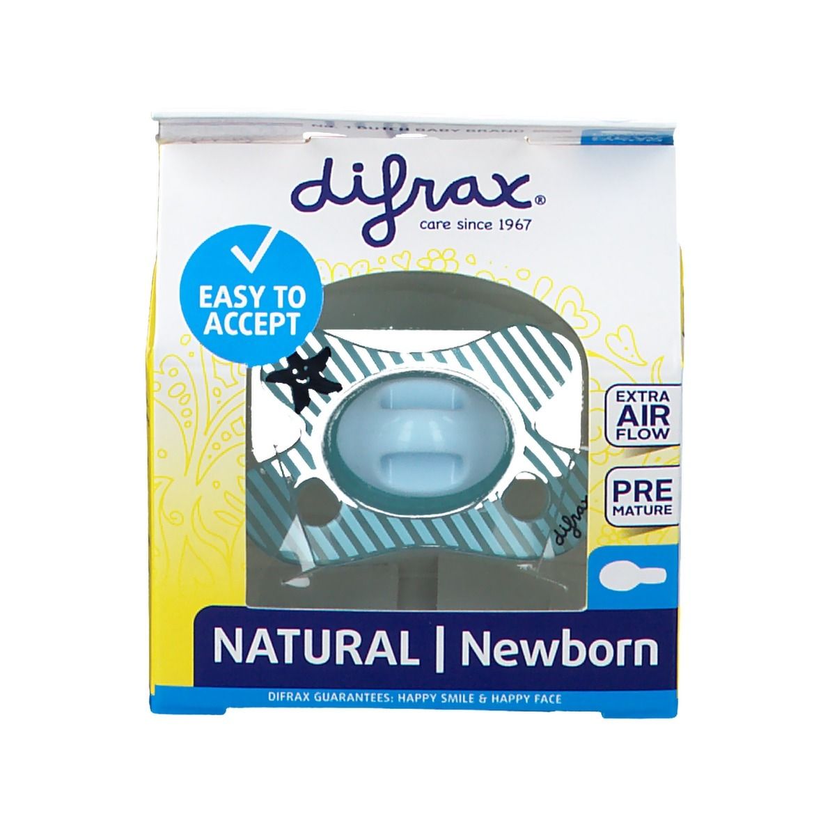 Emballage de sucette bleue. Transparent. Avec mentions 'Easy to Accept' et 'Extra Air Flow'.