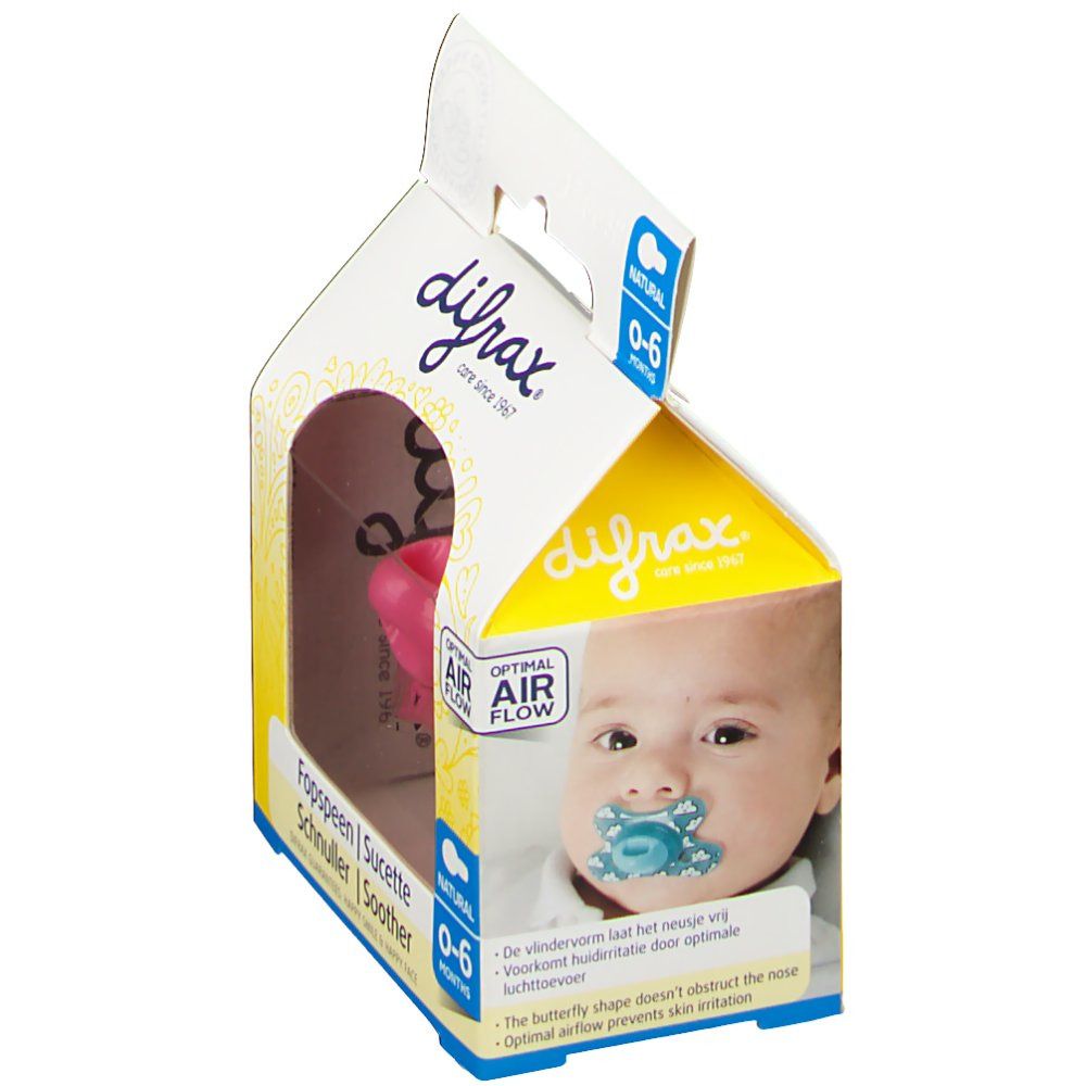 Verpakking met roze fopspeen. Zichtbaar: merk, productnaam, leeftijd 0-6 maanden, en babygezicht.