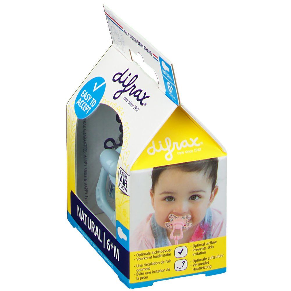Emballage avec sucette et bébé. Bleu, 6+ mois. Marque difrax. Inscription "Easy to accept" et "Extra Air Flow".