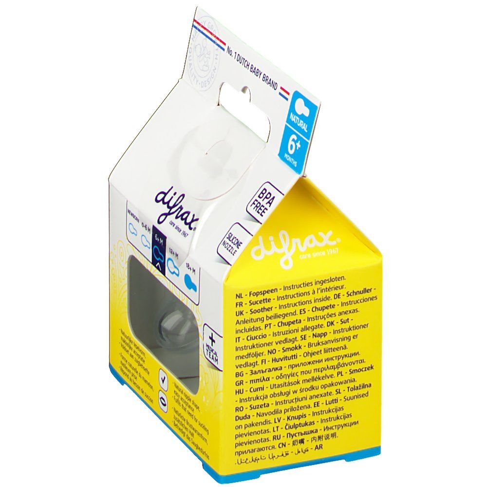 Emballage avec instructions. Marque difrax. Pour 6+ mois. Sans BPA et tétine en silicone. Plusieurs langues.