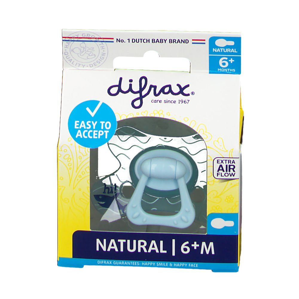 Emballage avec sucette bleue, 6+ mois. Marque difrax. Inscription "Easy to accept" et "Extra Air Flow".