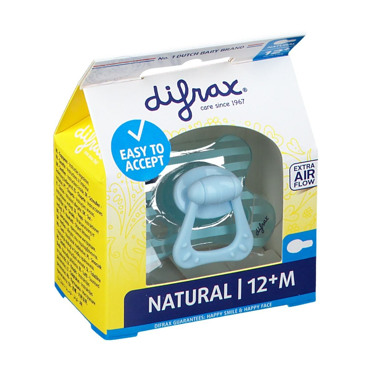 Emballage de sucette bleue avec poignée. Texte: Difrax, Natural 12+M, Easy to Accept, Extra Air Flow.