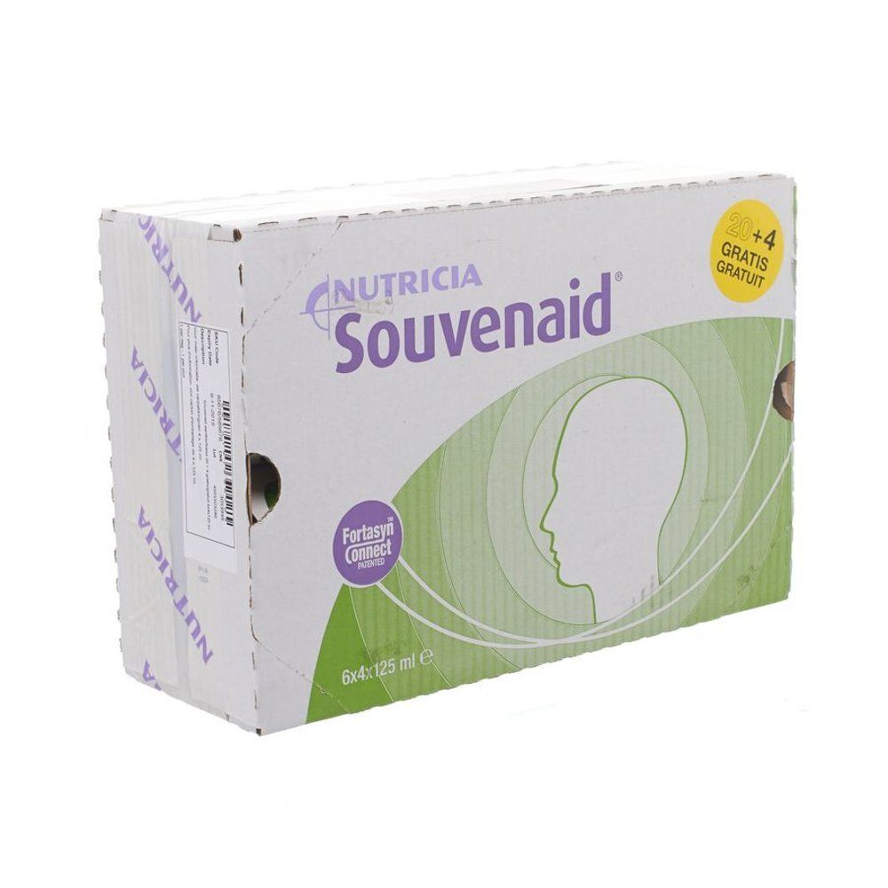 Doos Souvenaid, Nutricia. Opschrift: Souvenaid, Fortasyn Connect, 6x125 ml. Hoofdprofiel. Met gratis actie.