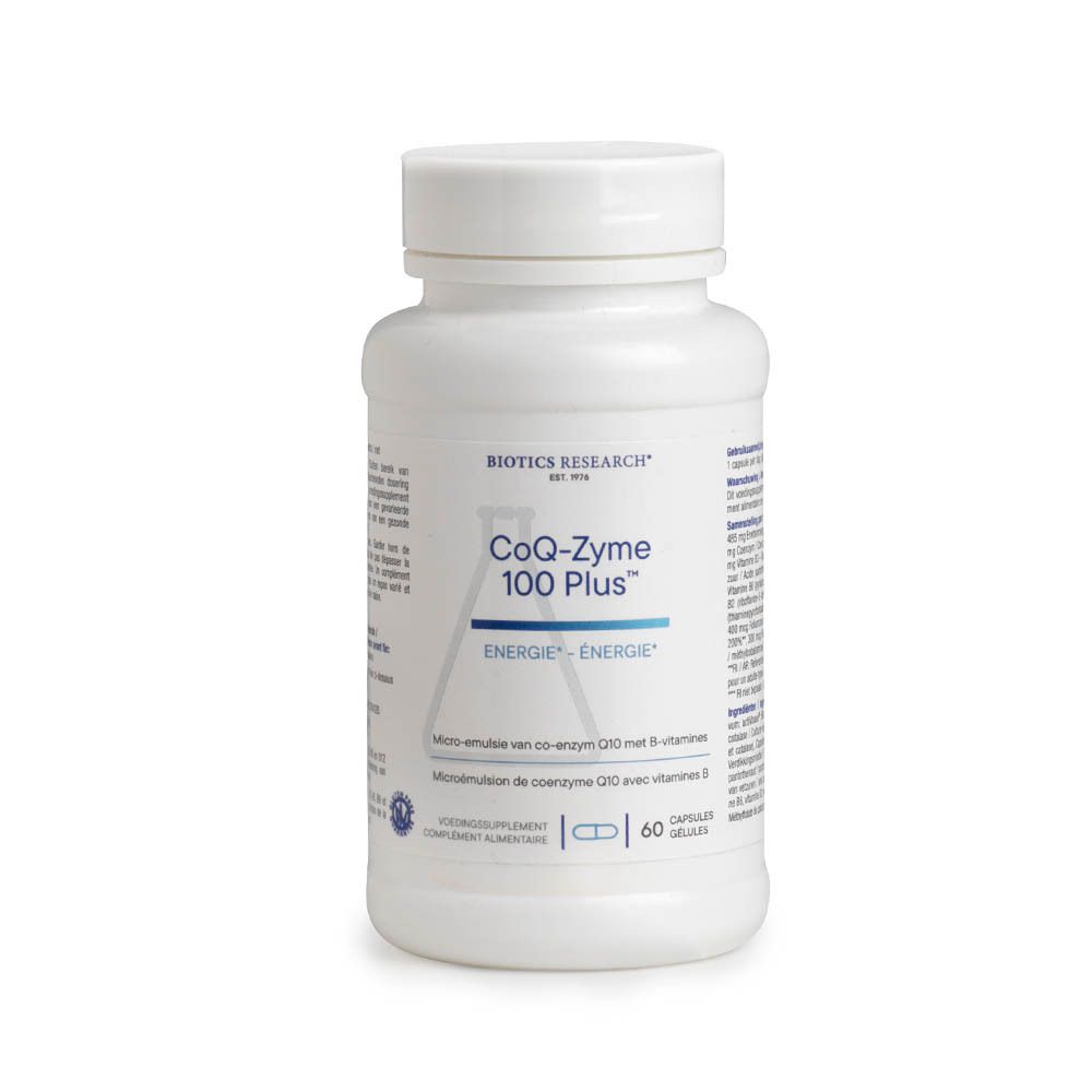 Witte fles CoQ-Zyme 100 Plus. Opschrift: Biotics Research, 60 capsules. Energie-logo.