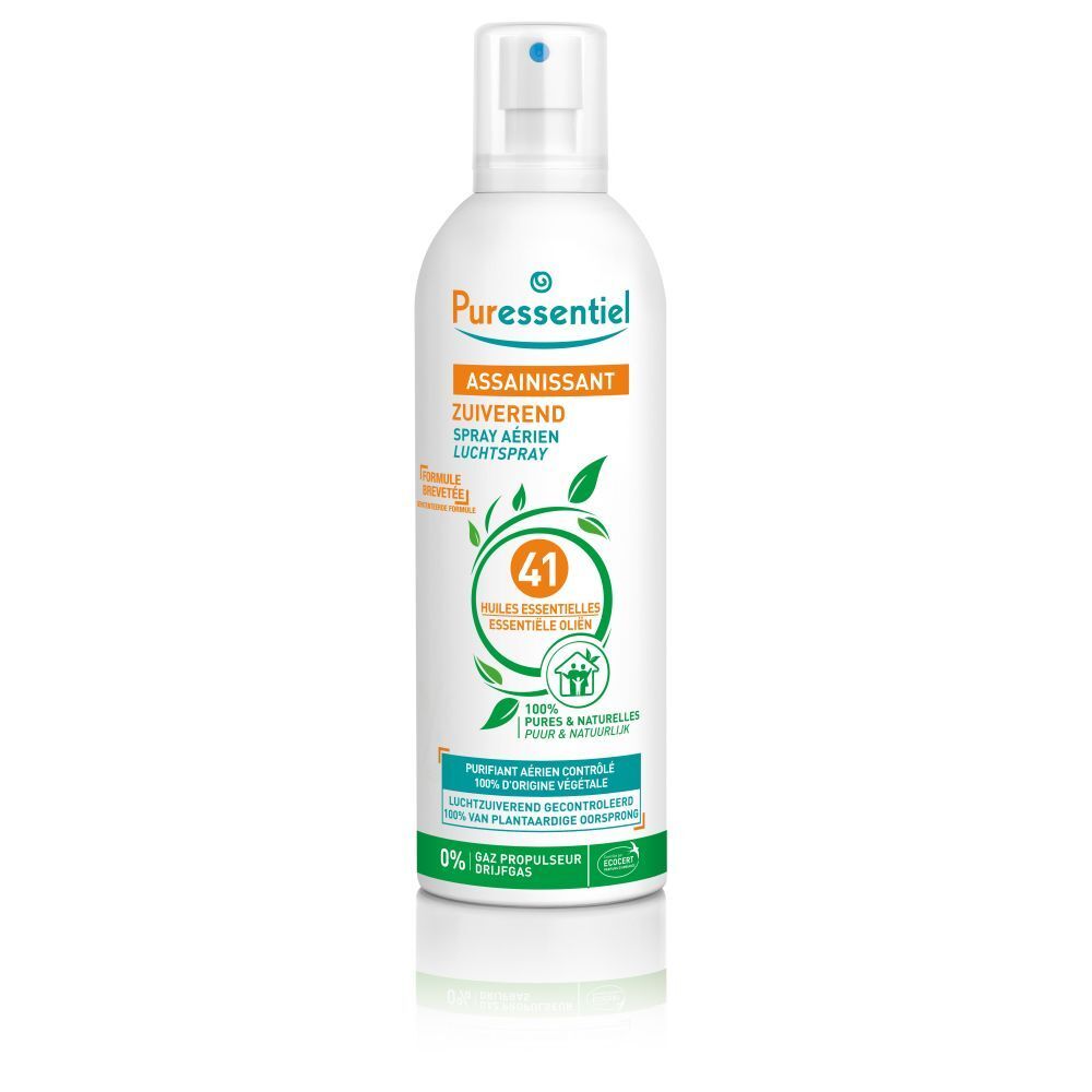 Puressentiel zuiverende luchtspray, witte spuitfles met 41 essentiële oliën.
