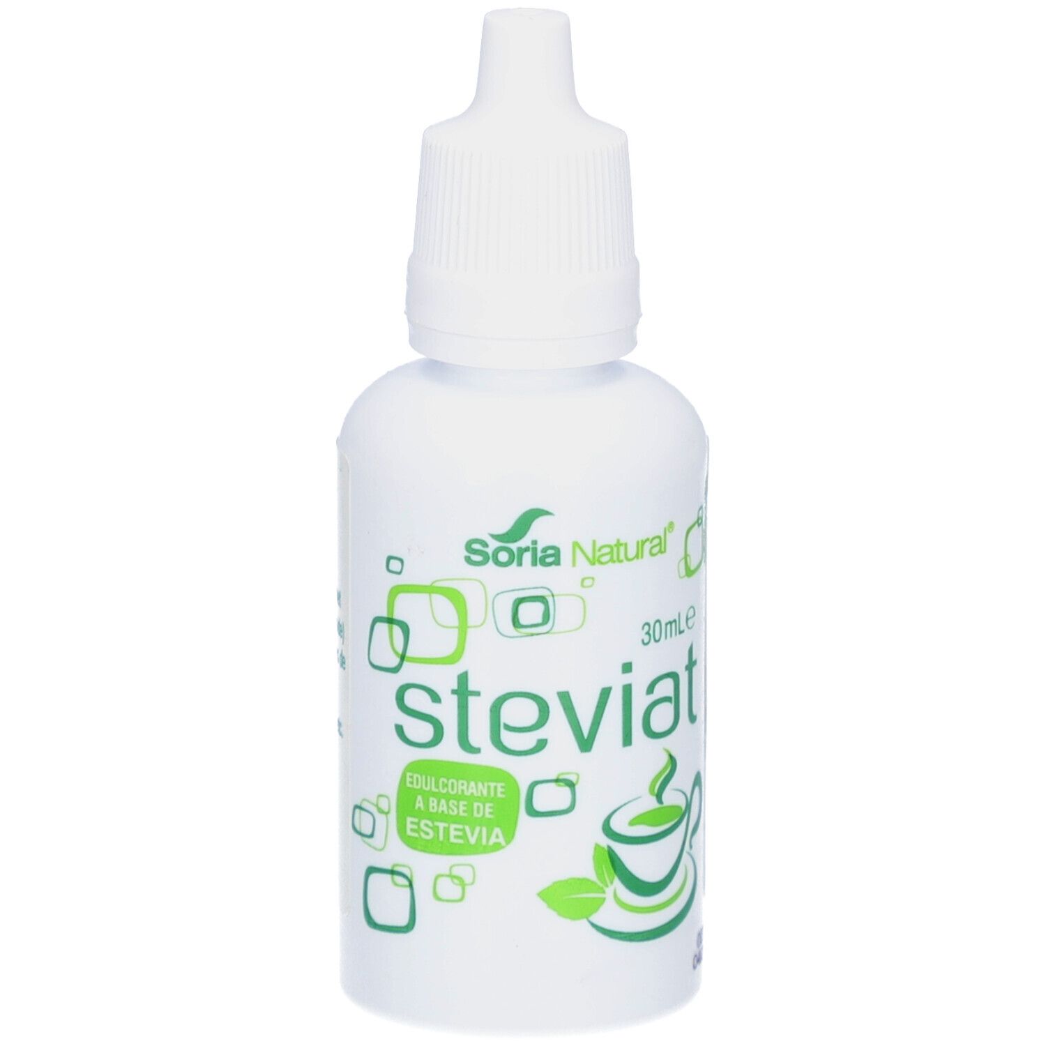 Flacon blanc de gouttes Steviat. Logo Soria Natural. Inscription: Steviat, édulcorant à base de stévia. 30ml.