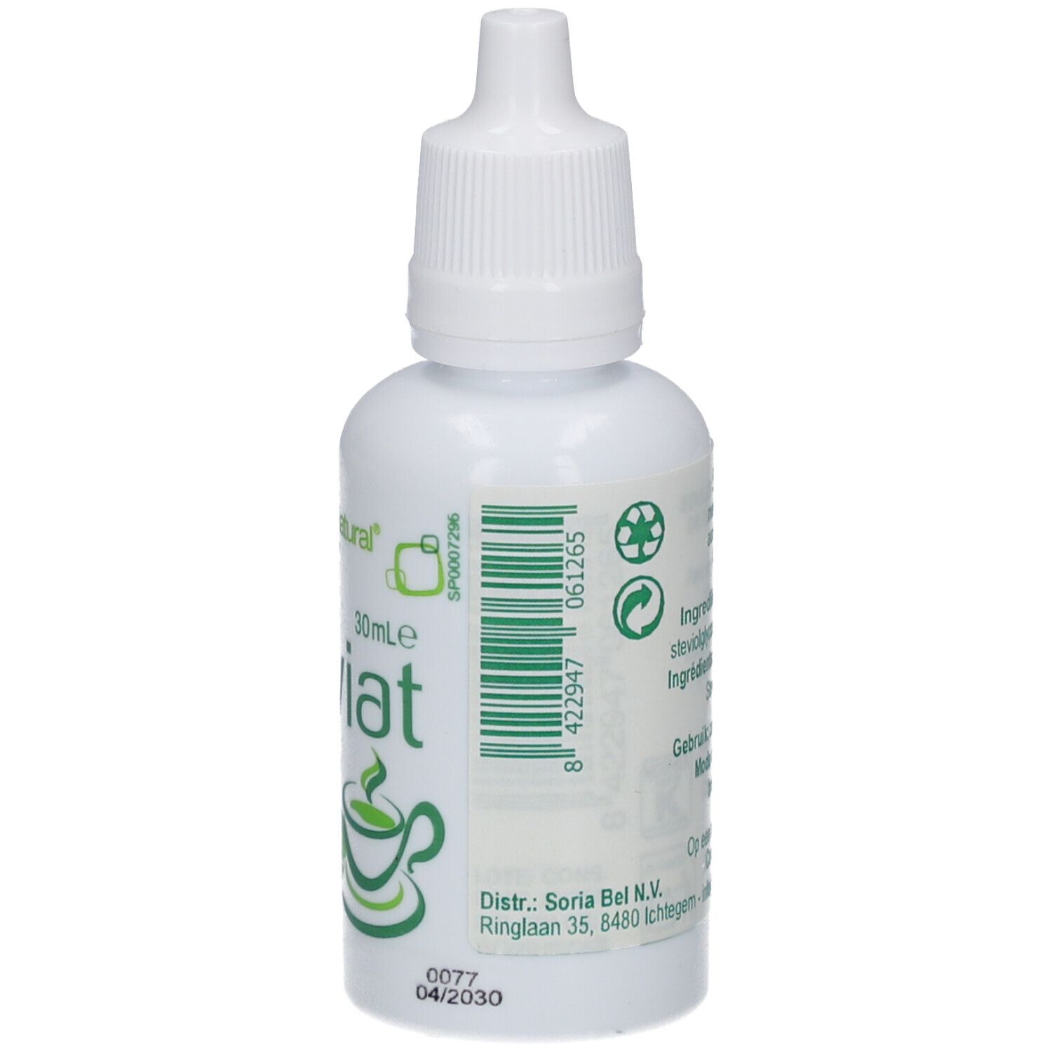 Flacon blanc de gouttes Steviat. Logo Soria Natural. Inscription: Steviat, édulcorant à base de stévia. 30ml. Code-barres.