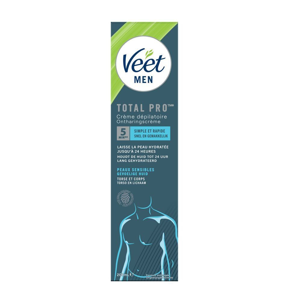 Tube de crème dépilatoire Veet Men Total Pro. Pour hommes, application simple et rapide.