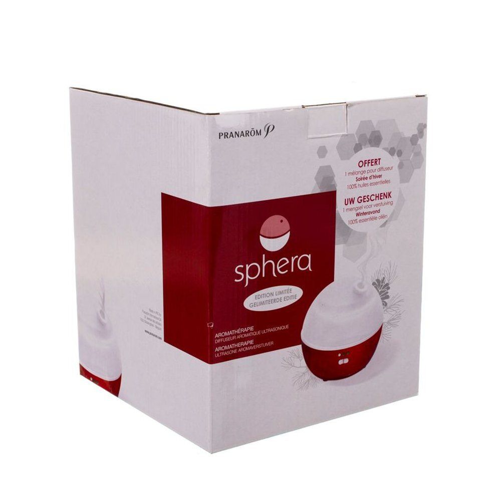 Verpakking met rode en witte Sphera diffuser. Tekst: Pranarôm, Sphera, aromatherapie, cadeau.
