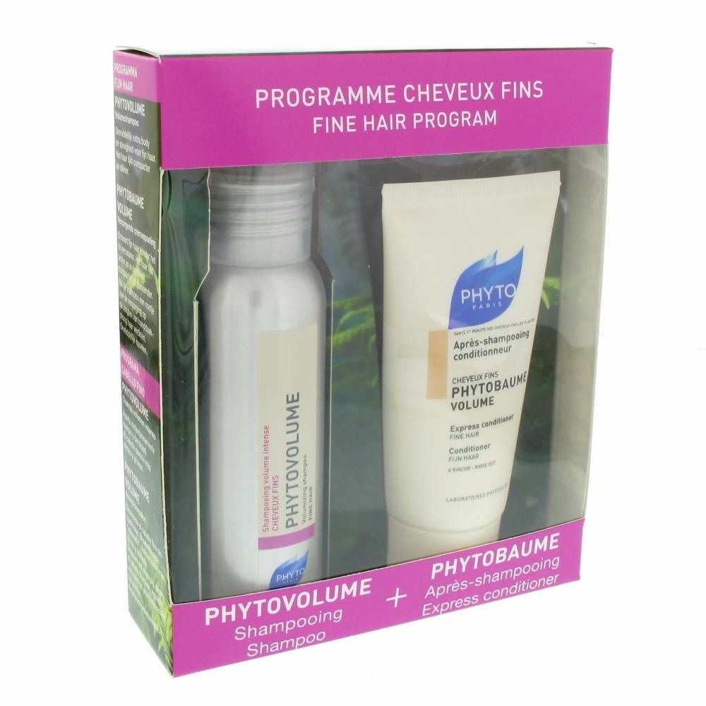 Coffret de produits capillaires. Une bouteille et un tube. Inscriptions: PHYTOVOLUME, PHYTOBAUME, Programme Cheveux Fins.