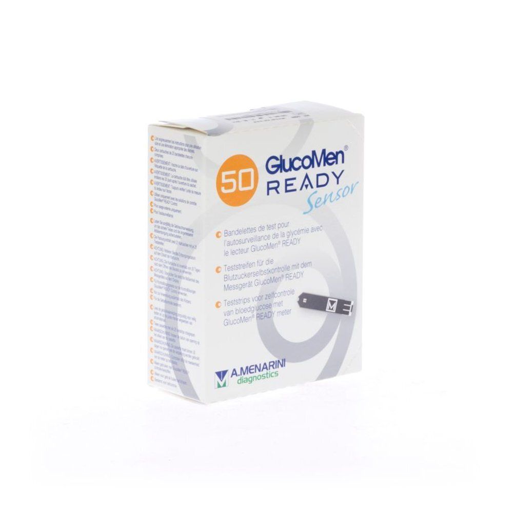 Verpakking met 50 teststrips. Opschrift: GlucoMen READY Sensor. Merk Amenarini diagnostics. Witte doos. Oranje 50.