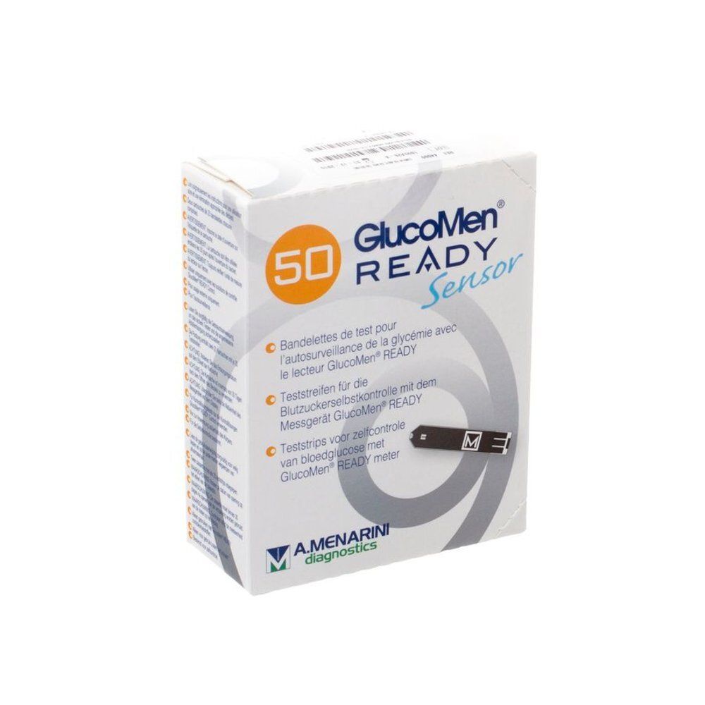Verpakking met 50 teststrips. Opschrift: GlucoMen READY Sensor. Merk Amenarini diagnostics. Witte doos. Oranje 50.