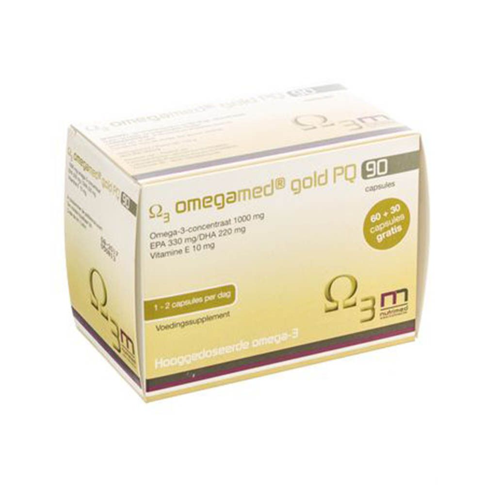 Omegamed® Gold PQ 90-verpakking. Bevat 90 capsules. Opschrift: Omega-3, 1000 mg, EPA 33%/DHA 22%, Vitamine E 10 mg. 60+30 capsules gratis.