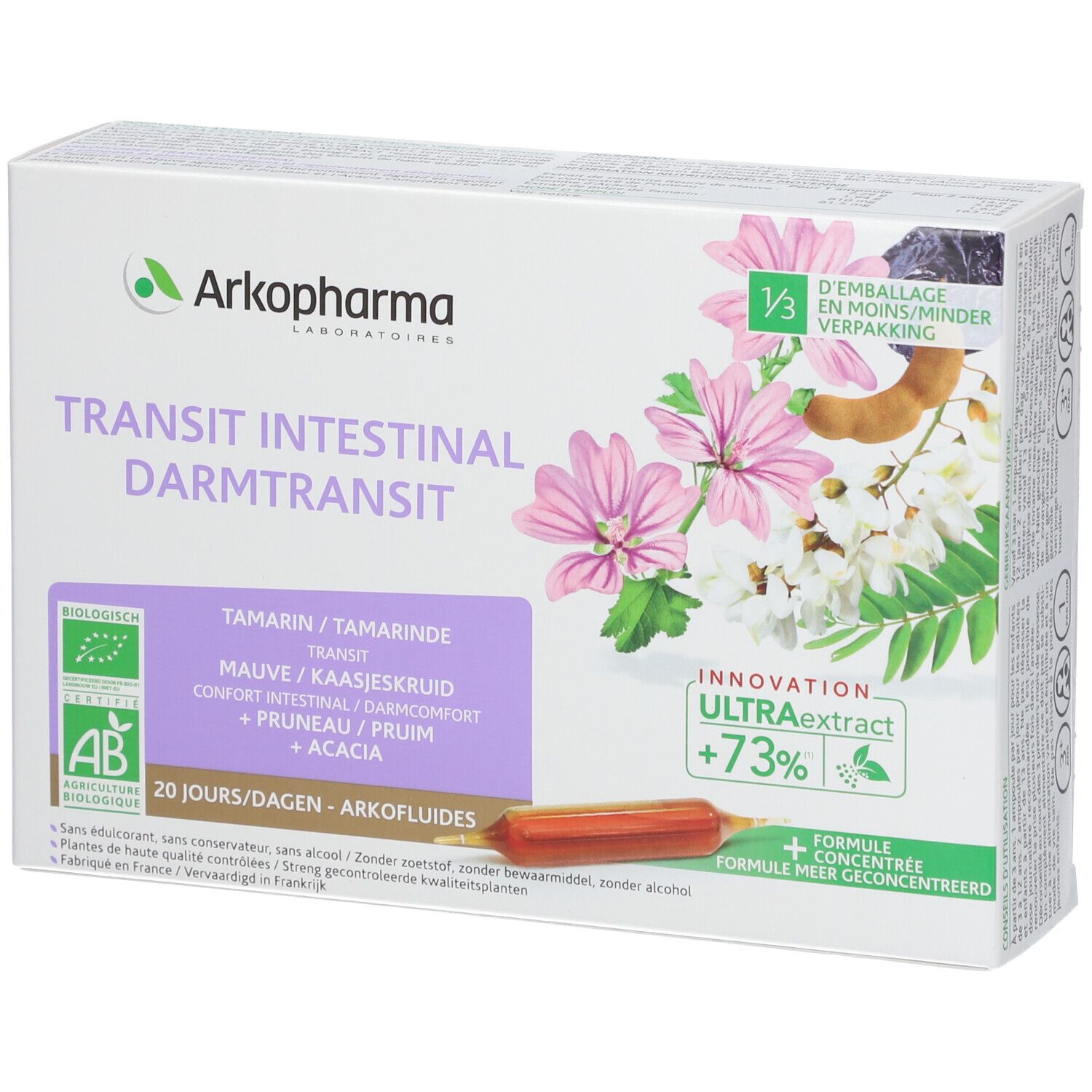 Doos Arkopharma Arkofluides. Opschrift: Transit Intestinal Darmtransit, 20 dagen, BIO-label. Afbeelding: bloemen, tamarinde.