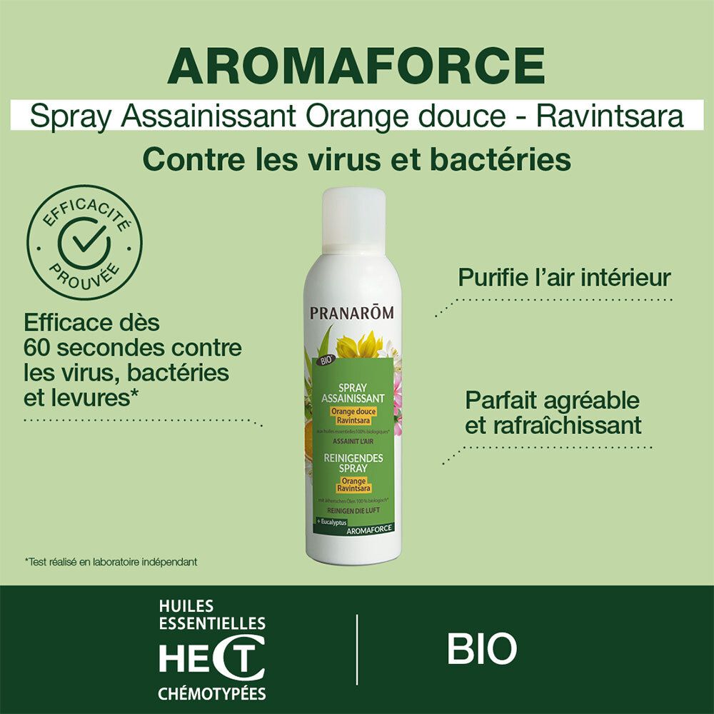 Produit sur fond vert. Texte: Aromaforce, Spray assainissant, Orange douce - Ravintsara. Certification Bio.