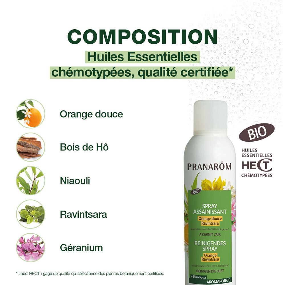 Produit sur fond vert. Texte: Composition, huiles essentielles. Illustré: Orange, Bois de Hô, Niaouli, Ravintsara, Géranium.